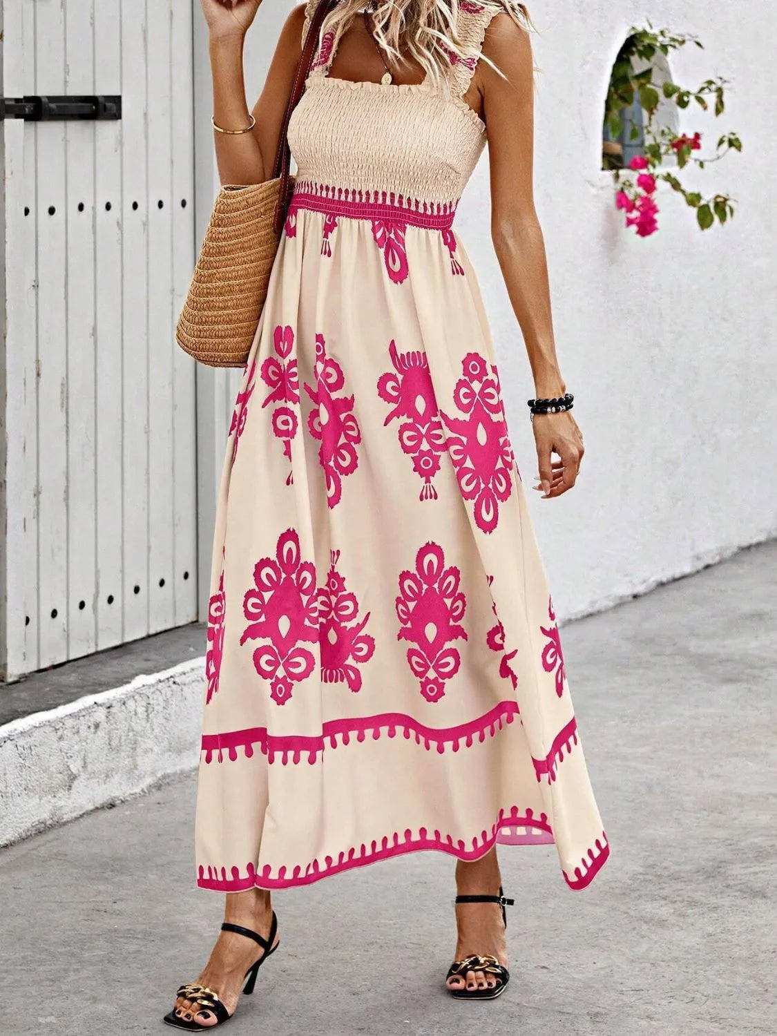 Pink floral-print smocked maxi dress, front view