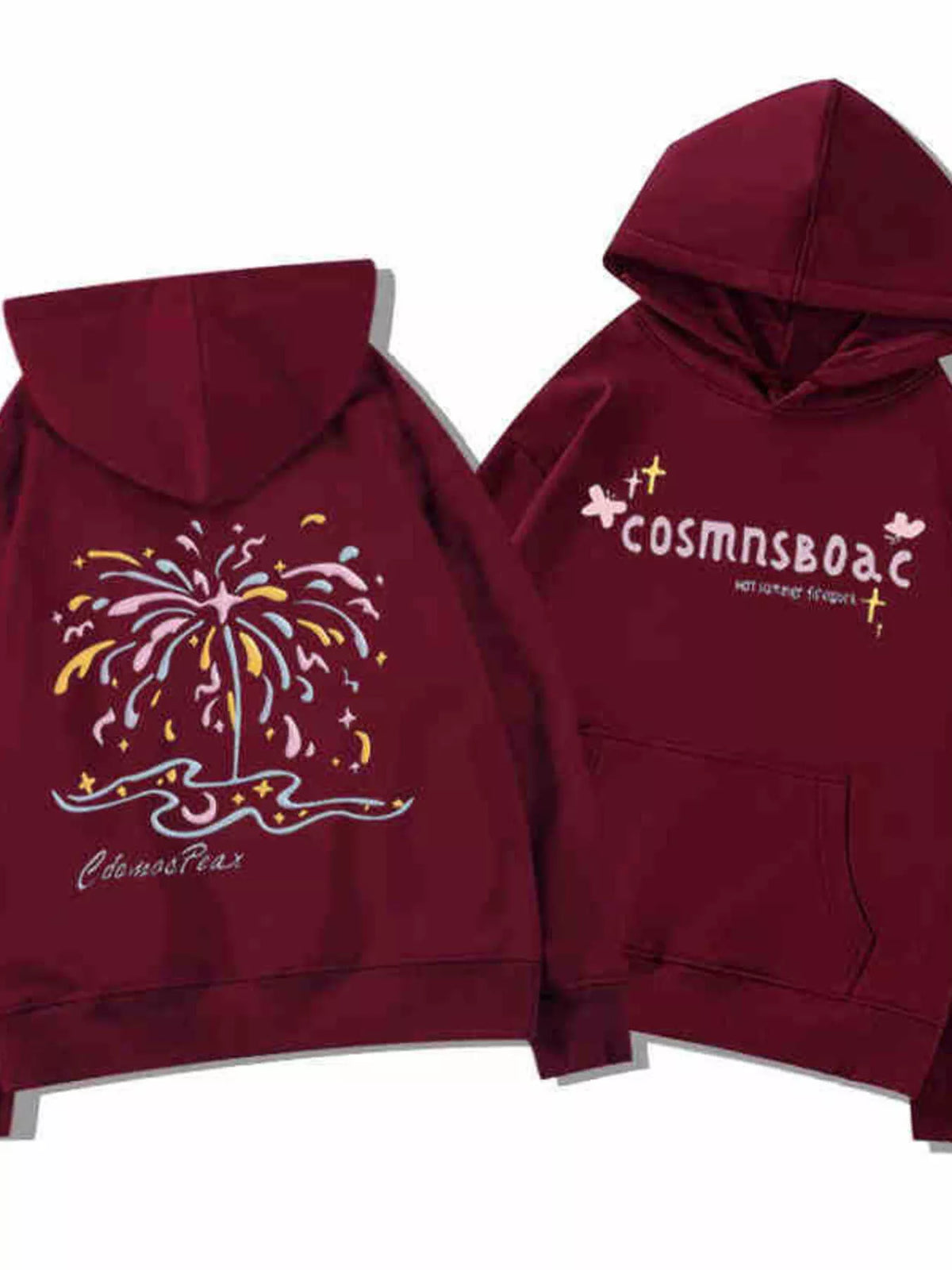 Burgundy hoodie front and back shown together with pastel lettering and fireworks print