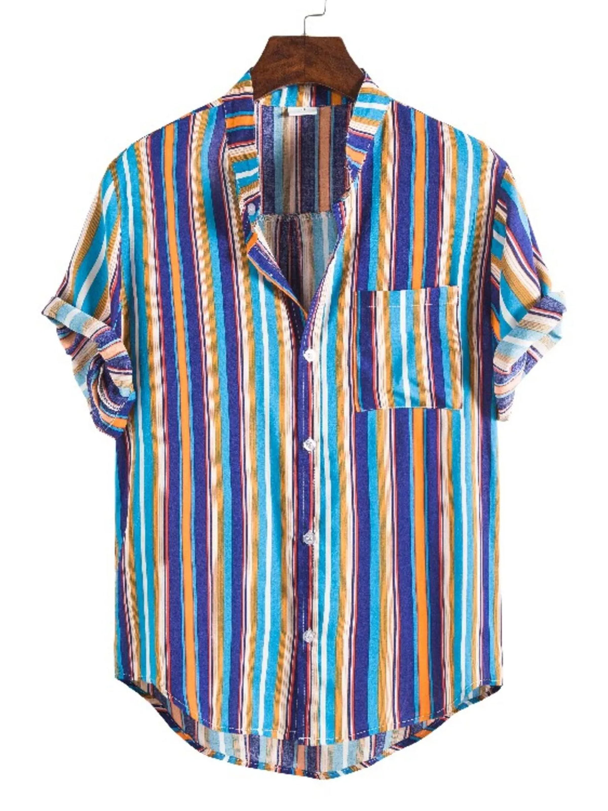 Teal shirt with multicolor vertical stripes, laid flat