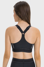 Back view of black contrast sports bra with racerback straps