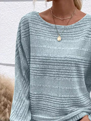 Women’s ribbed round-neck long-sleeve top in light-blue detail view