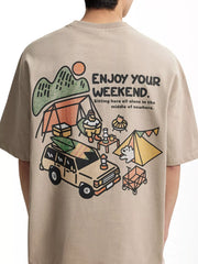 Back view of beige T-shirt with “Enjoy Your Weekend” camping illustration