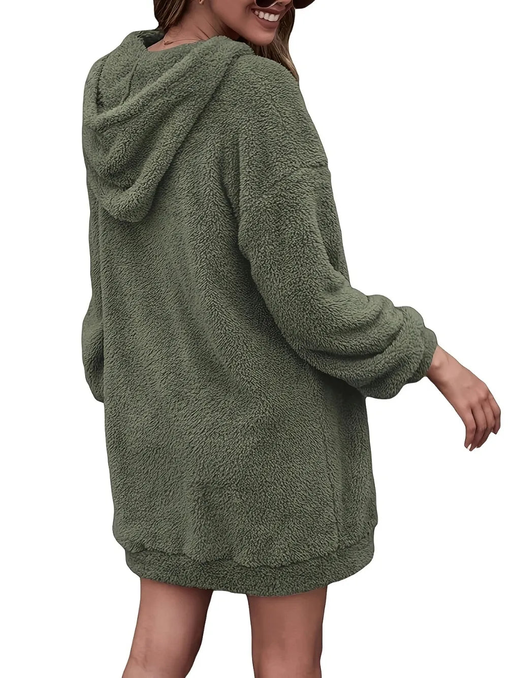 Half-zip dropped-shoulder oversized hoodie in olive back view