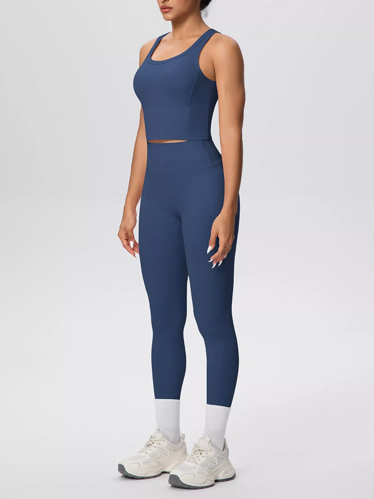 Navy tank and leggings shown from the front
