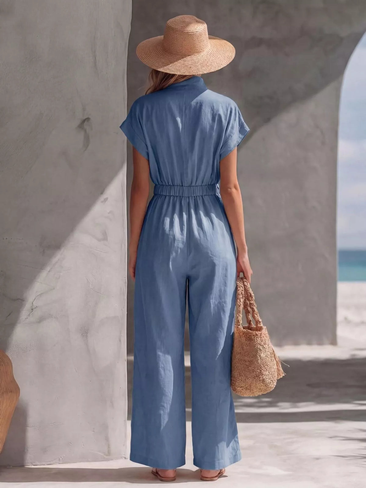 Women's zip-front wide-leg jumpsuit, blue back view