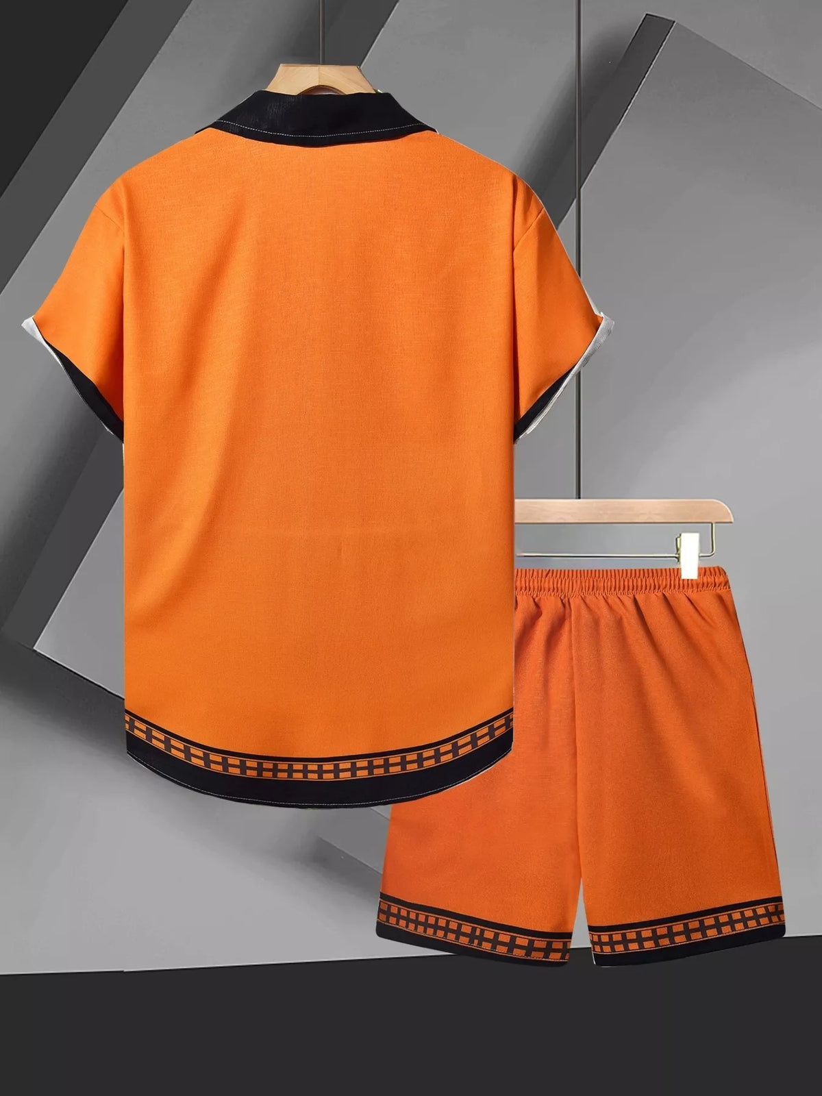Back view of orange shirt and shorts with black geometric trim
