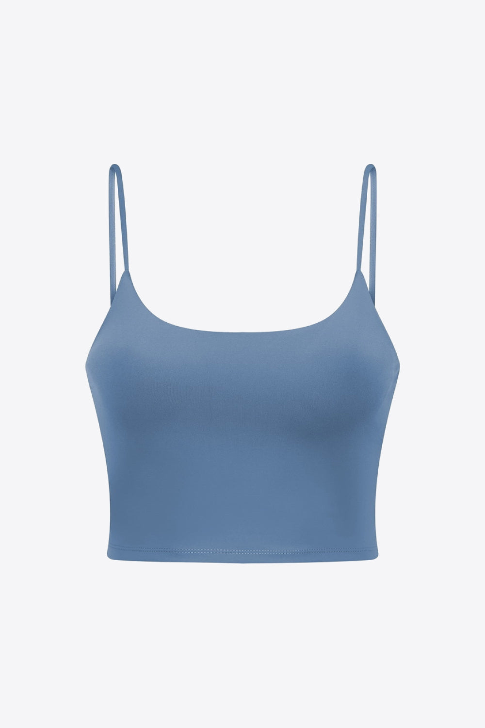 Blue scoop-neck sports cami with thin straps, shown flat on white.
