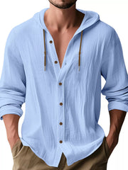 Model wearing pale blue hooded button-up shirt