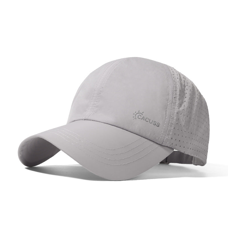 Grey baseball cap with perforated mesh-like side panels