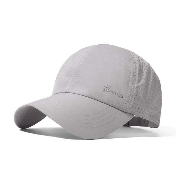 Grey baseball cap with perforated mesh-like side panels