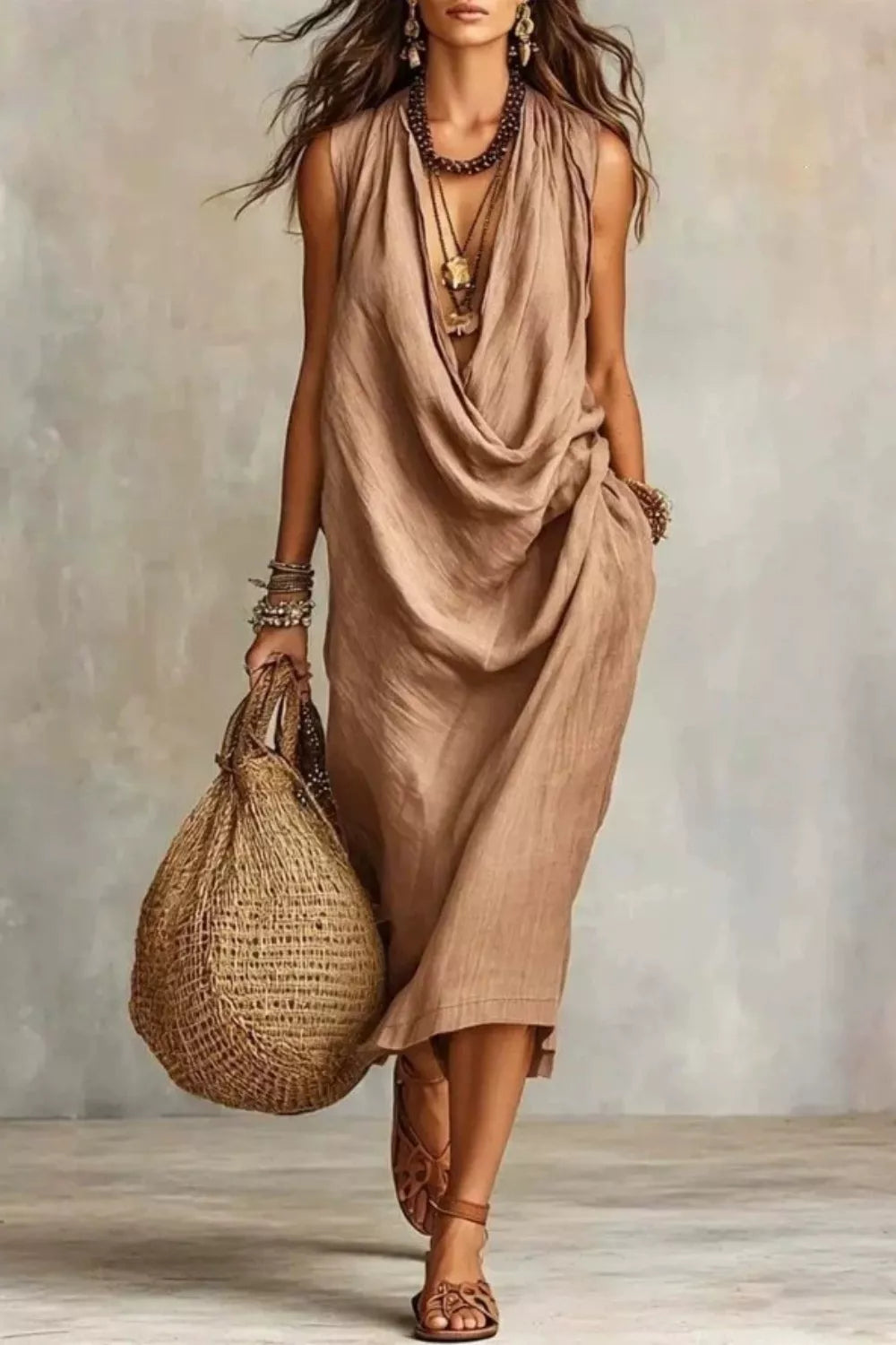 Tan sleeveless midi dress with draped neckline and side pockets, full-length view
