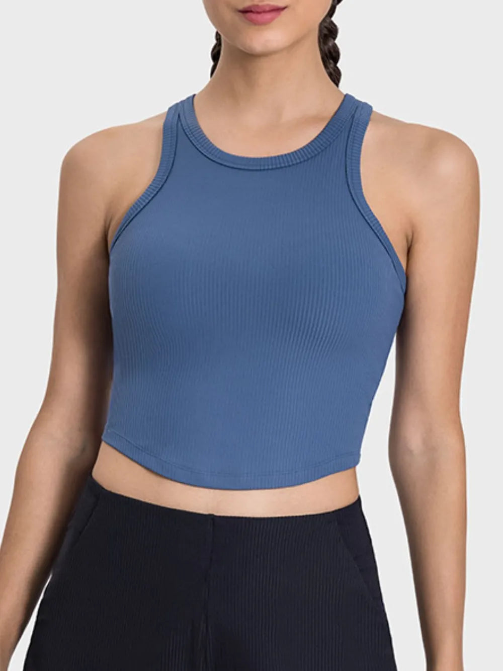 Blue round-neck racerback tank top shown from the front