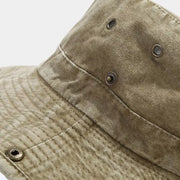 Close view of eyelets and stitched brim on deep khaki sun hat