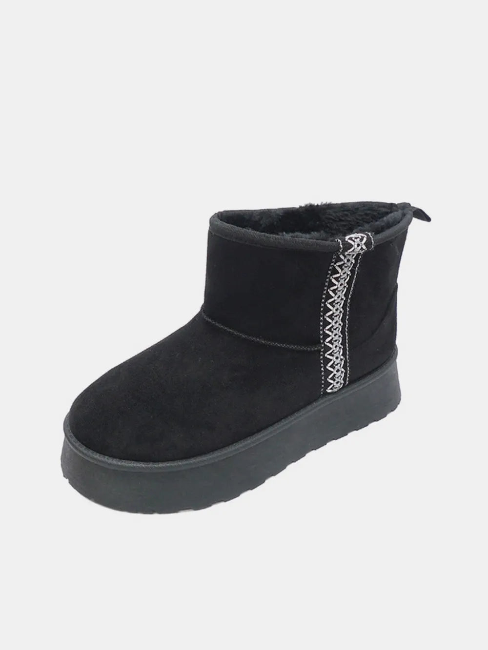 Single black round-toe platform ankle boot shown from the side