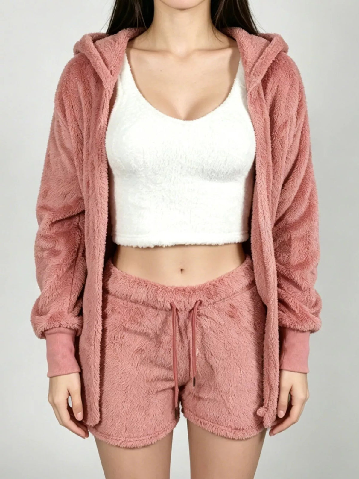 Mustard fuzzy lounge set with crop top, cardigan and shorts