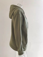Women’s plus-size kangaroo-pocket drawstring hoodie in olive-green side view on hanger