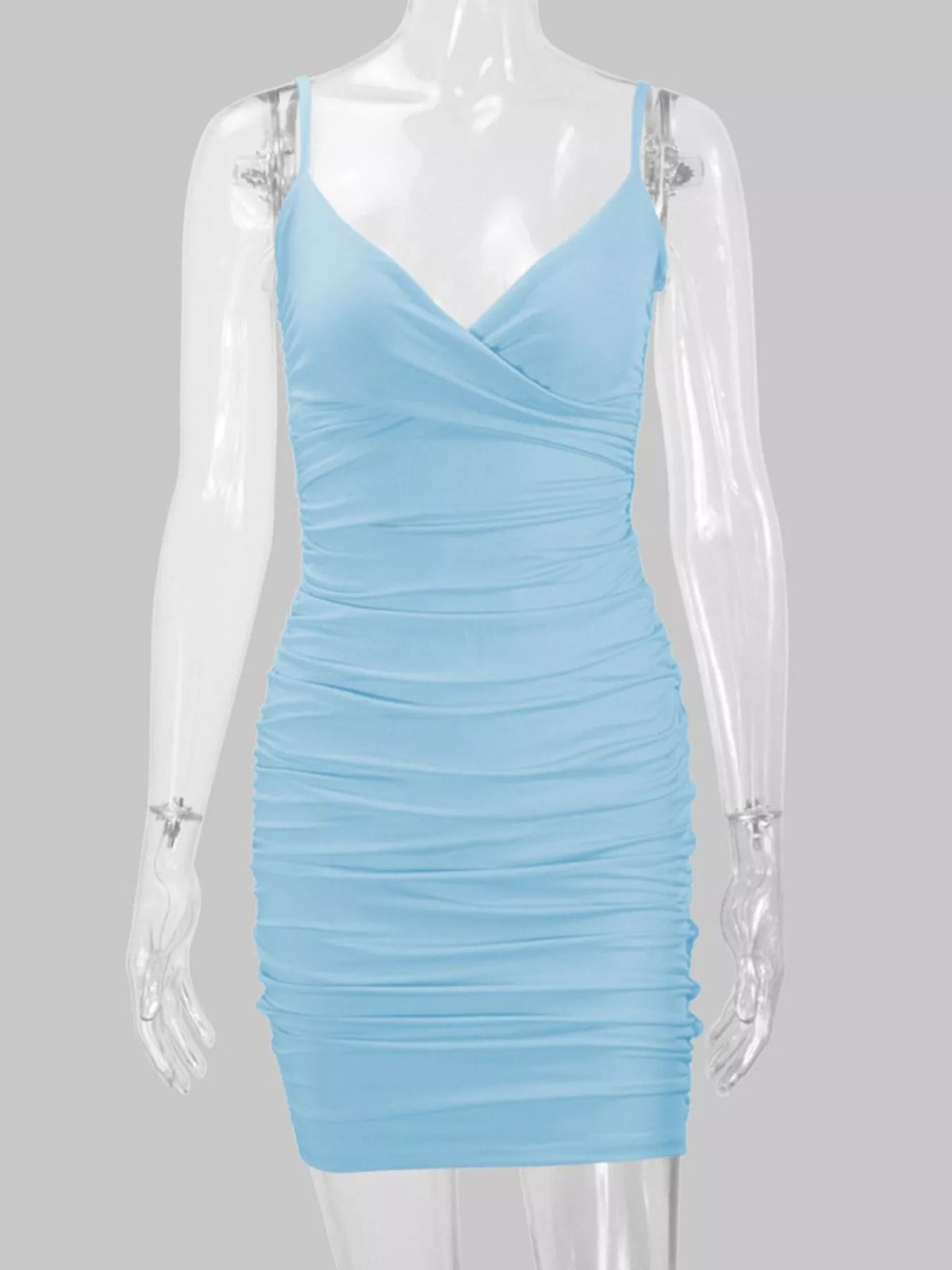 Light blue spaghetti-strap ruched mini dress displayed from the front on a mannequin.