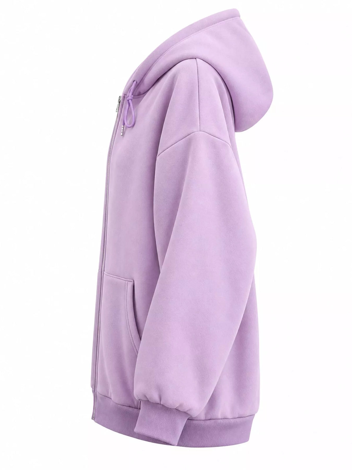 Side view of the lavender hoodie showing its hood and relaxed sleeve