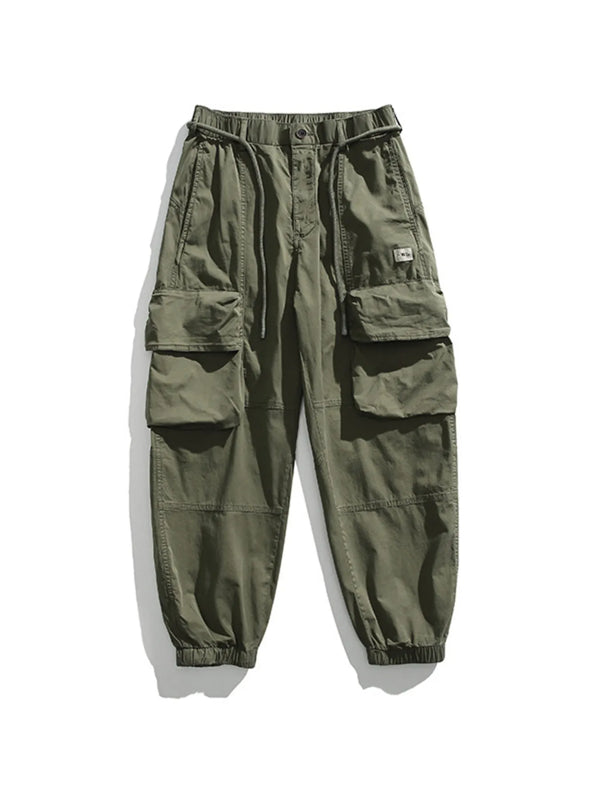 Olive cargo joggers with elastic cuffs and multiple pockets