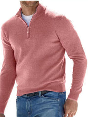 Dusty rose quarter-zip sweater modeled with blue jeans