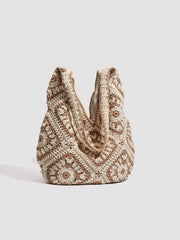 Side view of the crochet granny-square shoulder bag