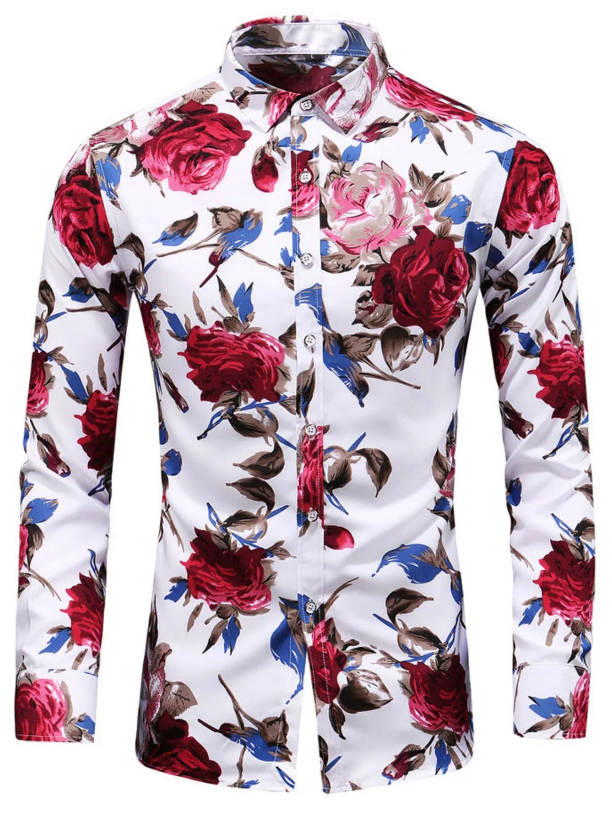 White shirt with red rose print shown on model