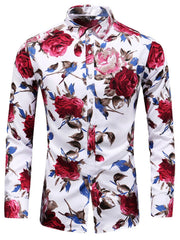 White shirt with red rose print shown on model