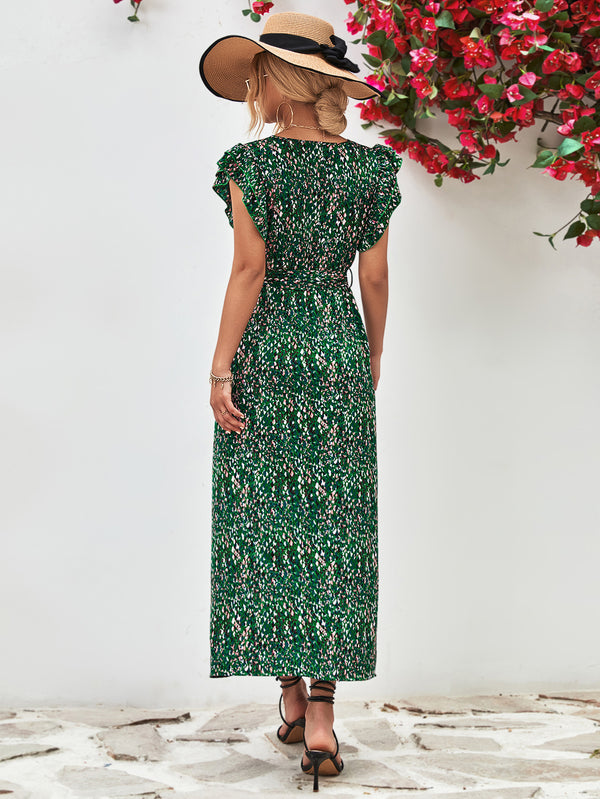 Women's printed surplice-neck flutter-sleeve slit dress