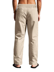 Back view of beige drawstring pants with elastic waistband