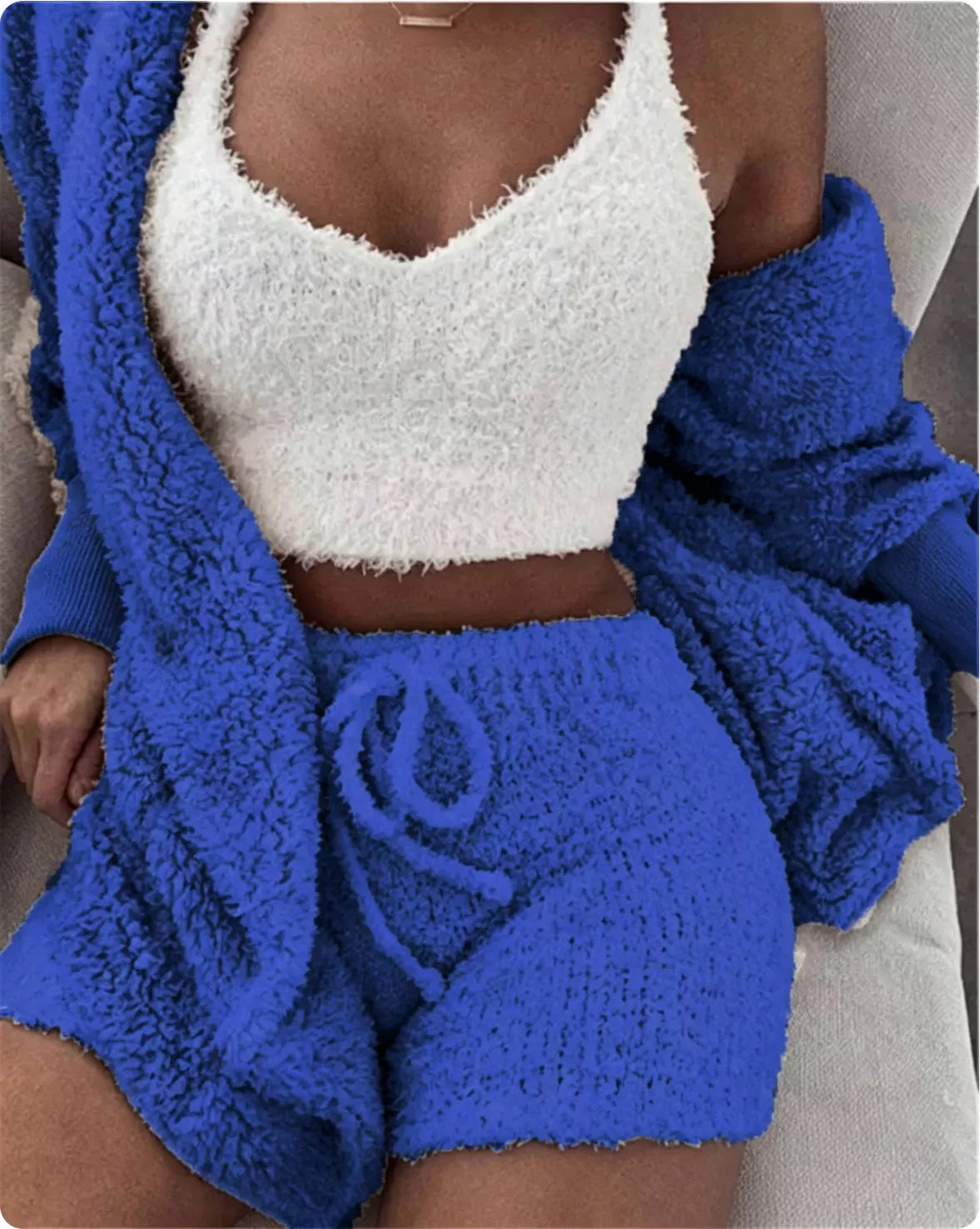 Lavender fuzzy lounge set with crop top, cardigan and shorts
