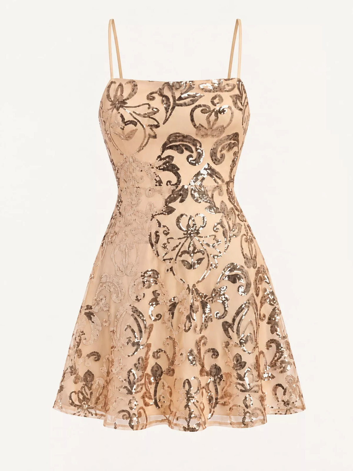 Beige and gold floral-sequin mini dress displayed alone against a pale background.