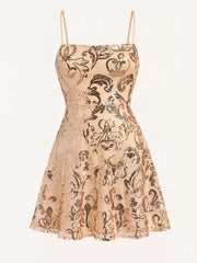 Beige and gold floral-sequin mini dress displayed alone against a pale background.