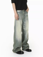 Side view of light-wash wide-leg jeans showing long, loose legs