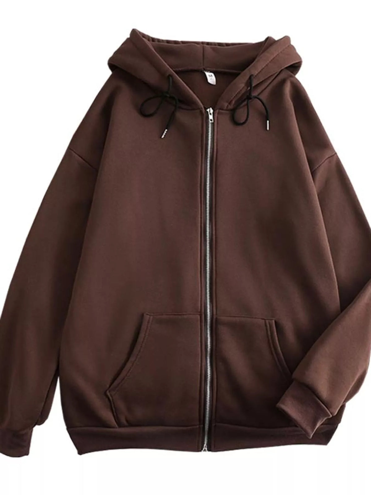 Front view of the brown hoodie with full-length zipper and pockets