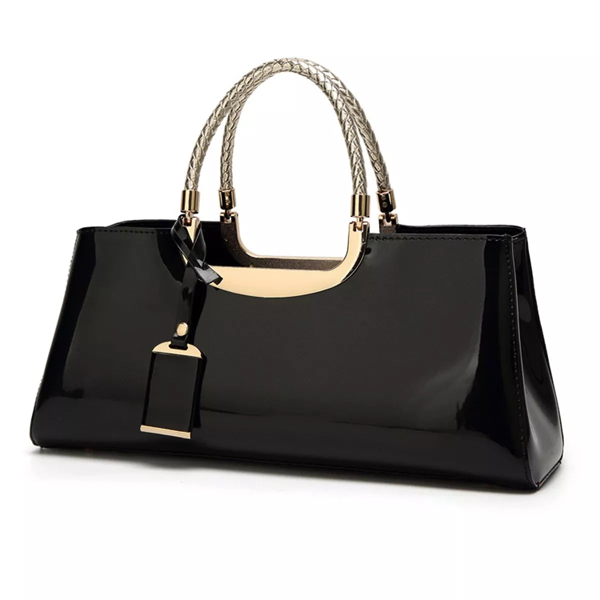 Black patent-look handbag with braided top handles and hanging tag