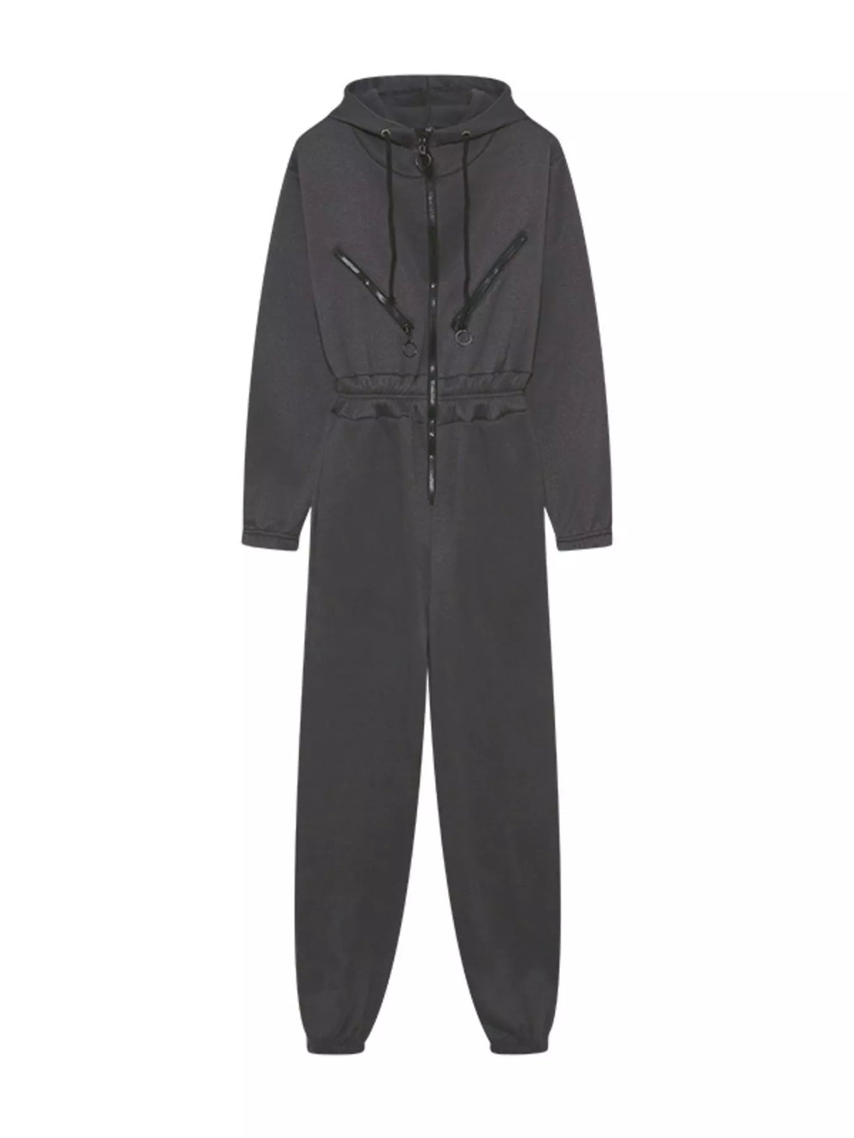 Women's hooded zip-up long-sleeve jumpsuit, charcoal flat-lay view