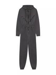 Women's hooded zip-up long-sleeve jumpsuit, charcoal flat-lay view