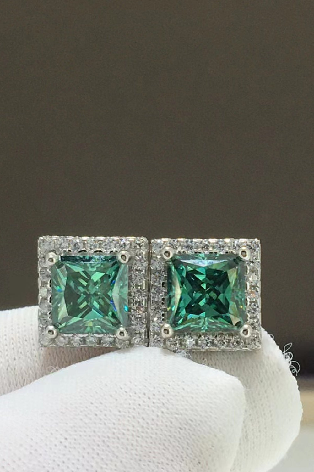 2 Carat Moissanite Square Stud Earrings — Front view of green square moissanite stud earrings