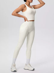 Rear view of the cream tank and matching leggings