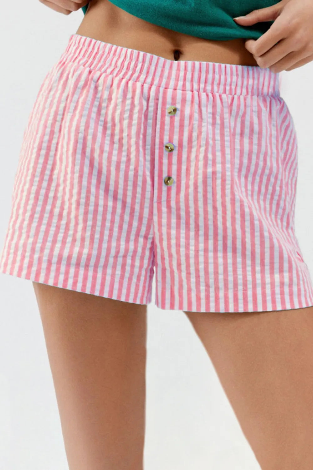 Rose pink striped shorts, front view with elastic waist and buttons