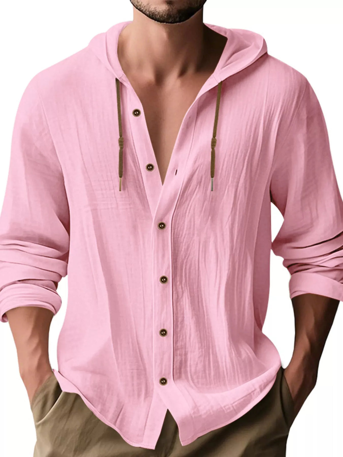 Model wearing pink hooded button-up shirt