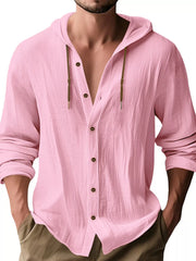 Model wearing pink hooded button-up shirt