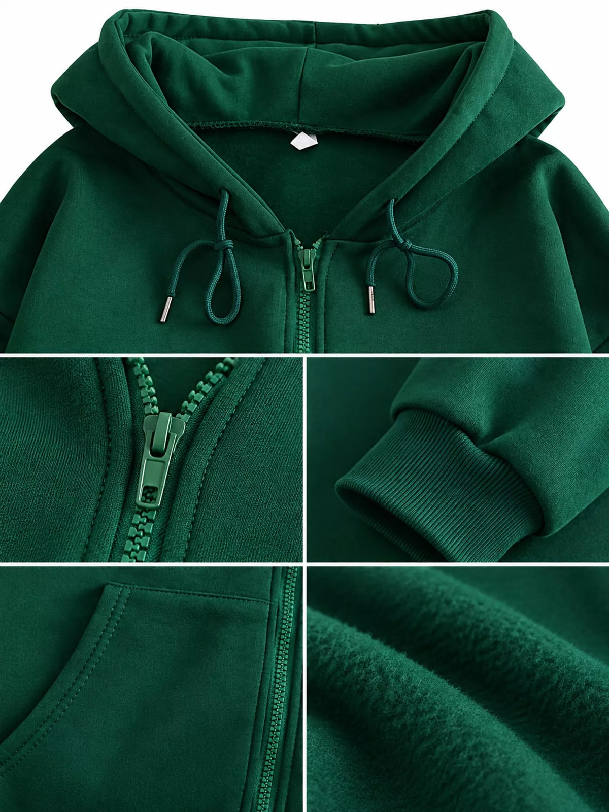 Close-up collage of dark green hoodie zipper, cuff, pocket and fleece texture