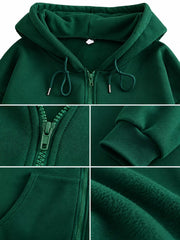 Close-up collage of dark green hoodie zipper, cuff, pocket and fleece texture