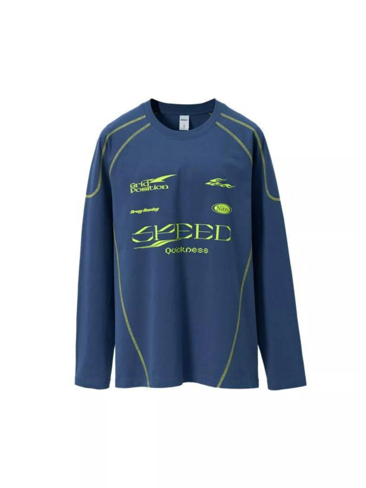 Navy long-sleeve T-shirt displayed flat with lime lettering and curved seam details