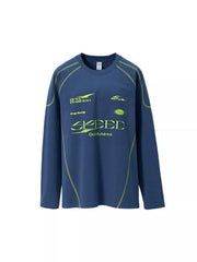 Navy long-sleeve T-shirt displayed flat with lime lettering and curved seam details