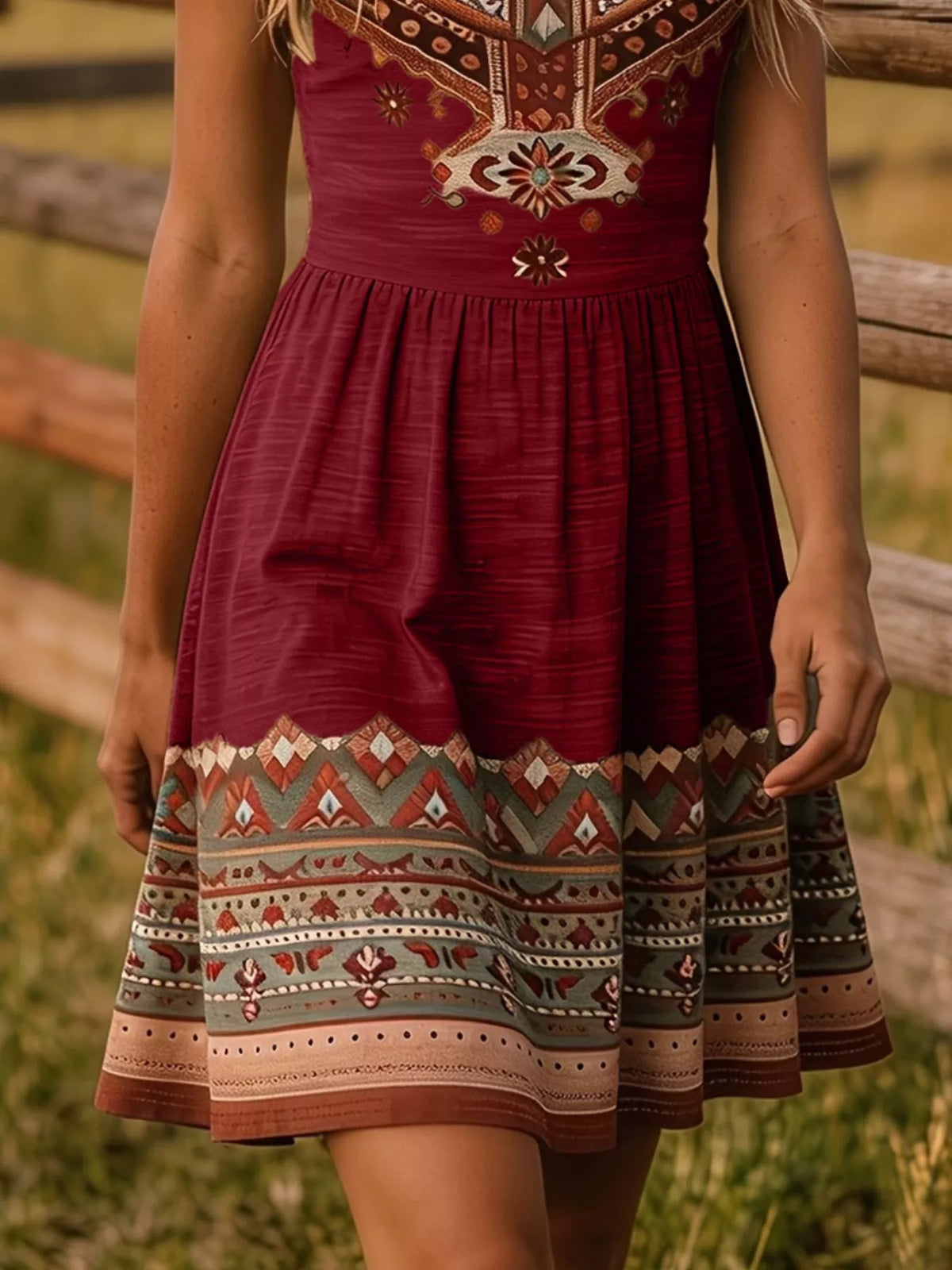 Close view of burgundy skirt and patterned hem