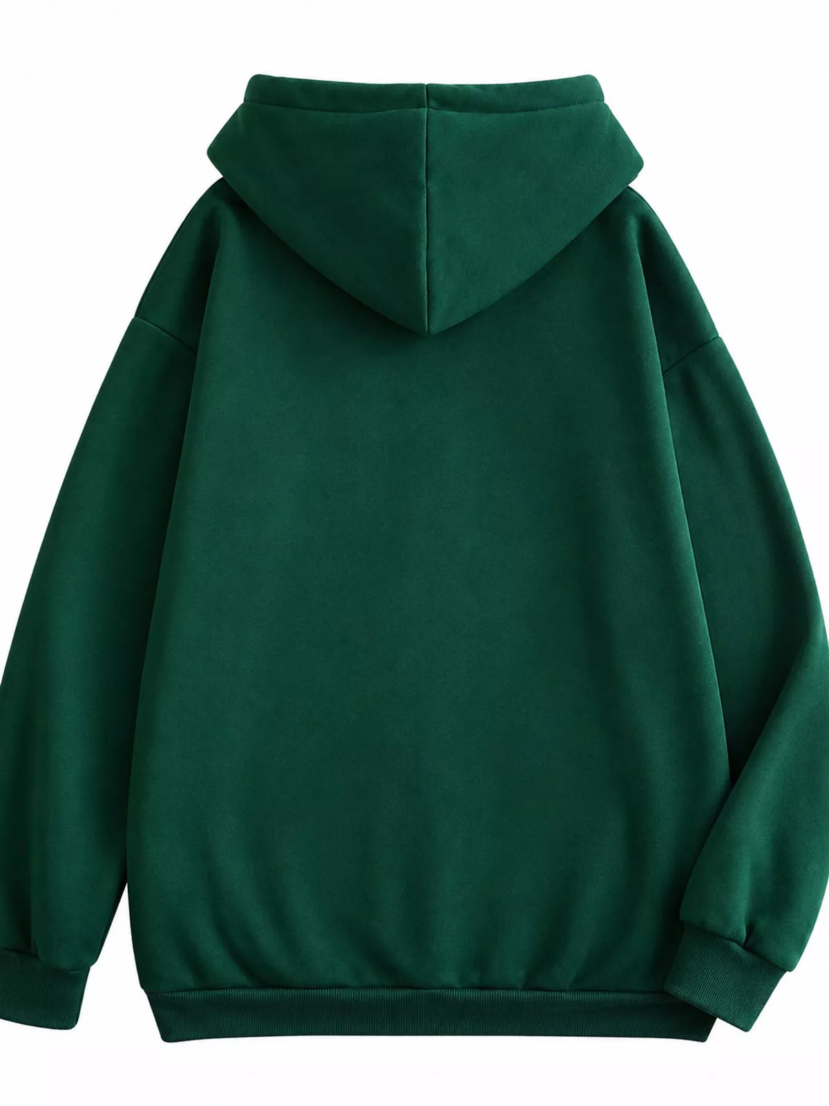 Back view of the dark green hoodie with large hood and ribbed hem