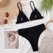 Black ribbed bikini set displayed flat, front view
