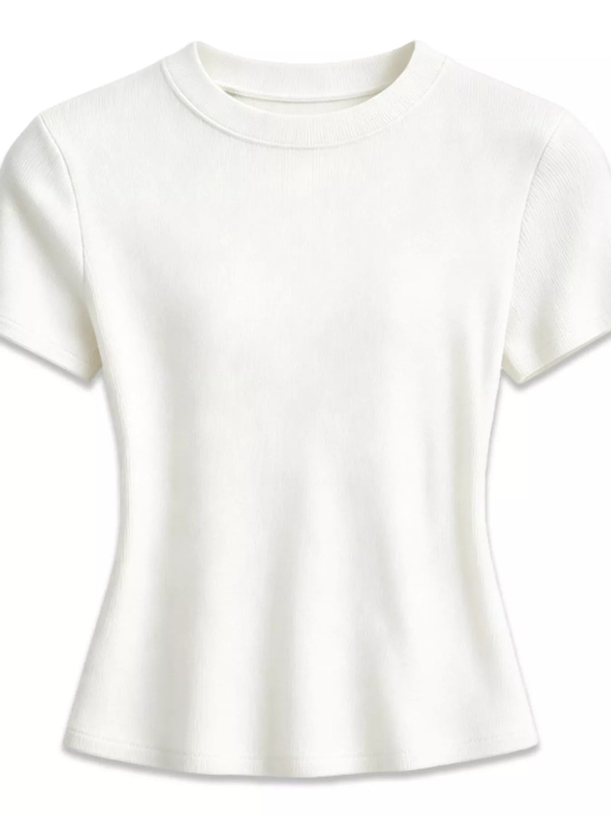 White basic crew-neck T-shirt showing the neckline and sleeve